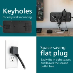 Philips 10-Outlet 6ft. 2 USB-A Surge Protector With Adapter-Spaced Outlets, Black