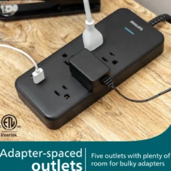 Philips 5-Outlet 6ft. 1 USB-A 1 USB-C Surge Protector With Adapter-Spaced Outlets, Black