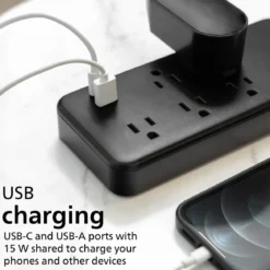 Philips 5-Outlet 6ft. 1 USB-A 1 USB-C Surge Protector With Adapter-Spaced Outlets, Black