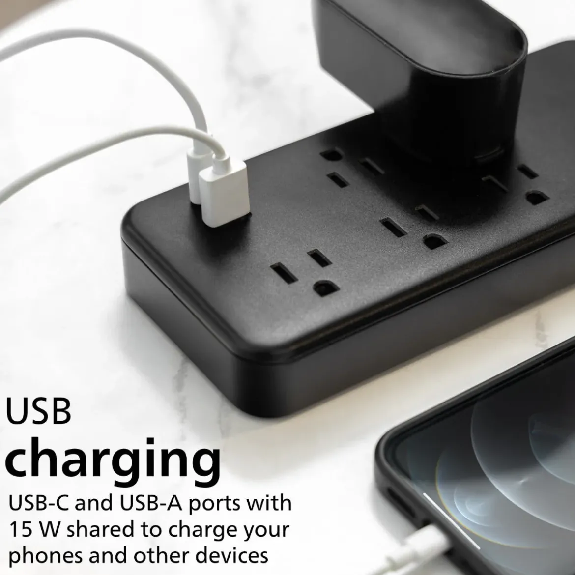 Philips 5-Outlet 6ft. 1 USB-A 1 USB-C Surge Protector With Adapter-Spaced Outlets, Black