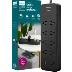Philips 9-Outlet 6ft. 1 USB-A 1 USB-C Surge Protector With Adapter-Spaced Outlets, Black