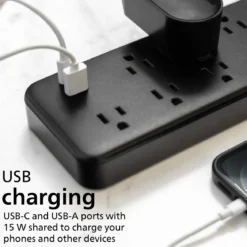 Philips 9-Outlet 6ft. 1 USB-A 1 USB-C Surge Protector With Adapter-Spaced Outlets, Black
