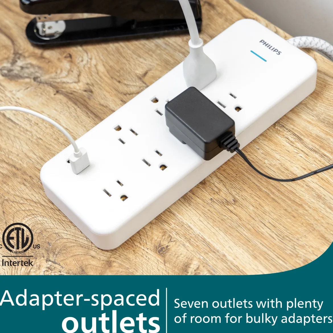 Philips 7-Outlet 6ft. 1 USB-A 1 USB-C Surge Protector With Adapter-Spaced Outlets, White