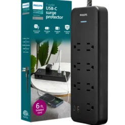 Philips 7-Outlet 6ft. 1 USB-A 1 USB-C Surge Protector With Adapter-Spaced Outlets, Black