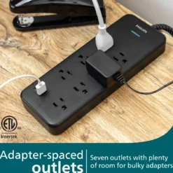 Philips 7-Outlet 6ft. 1 USB-A 1 USB-C Surge Protector With Adapter-Spaced Outlets, Black