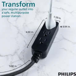 Philips 3-Outlet Grounded Mini Extension Cord, Flat Plug, Black