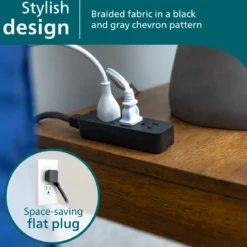 Philips 3-Outlet Grounded Mini Extension Cord, Flat Plug, Black