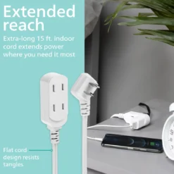 Philips 3-Outlet Polarized Extension Cord, 15ft., White 2 pack