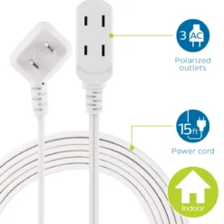 Philips 3-Outlet Polarized Extension Cord, 15ft., White