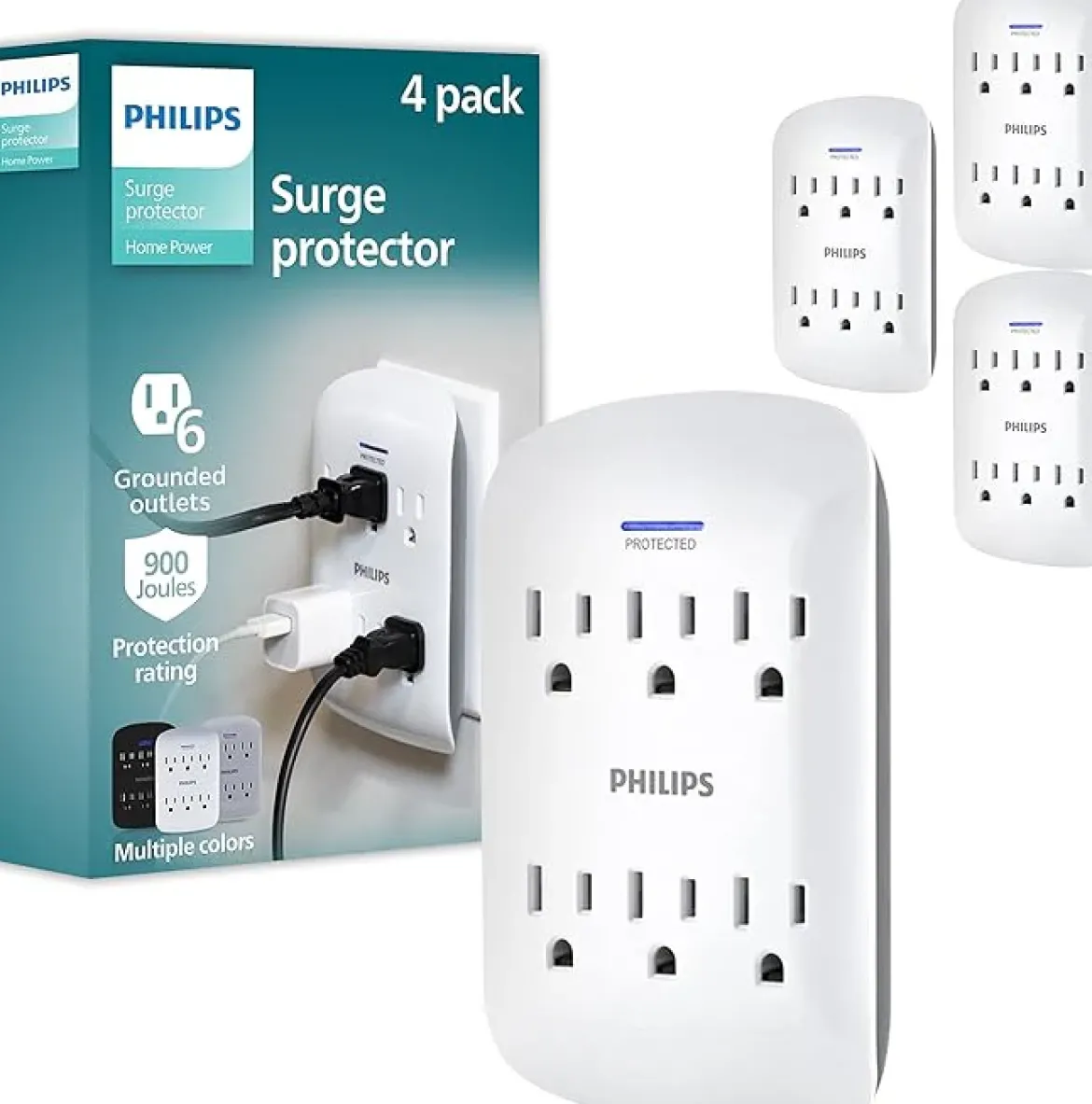 Philips 6-Outlet Surge Protector Wall Tap, White, 4pk