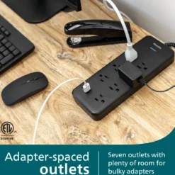 Philips 7-Outlet Surge Protector with USB Charging, 1USB-A, 1USB-C, 1500J, Adapter Spaced, 4ft Braided Cord, Black