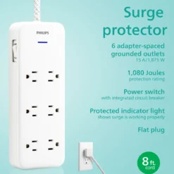 Philips 6-Outlet Surge Protector, 1080J, Adapter-Spaced, 8ft Braided Cord, White