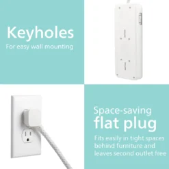 Philips 6-Outlet Surge Protector, 1080J, Adapter-Spaced, 8ft Braided Cord, White