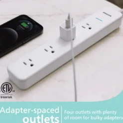 Philips 4-Outlet Surge Protector Power Strip, 4 Ft Braided Extension Cord, Multi Plug Outlet Extender, Adapter-Spaced, 450 Joules, White