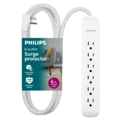 Philips 6-Outlet Surge Protector, 1080J, 6ft Braided Cord, White/Gray