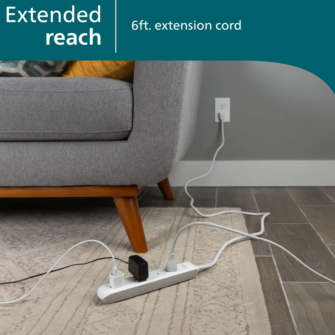 Philips 6-Outlet Surge Protector, 1080J, 6ft Braided Cord, White/Gray