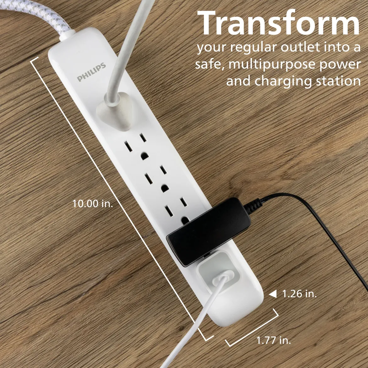 Philips 6-Outlet Surge Protector, 1080J, 6ft Braided Cord, White/Gray