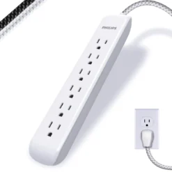 Philips 6-Outlet Surge Protector, 1080J, 10ft Braided Cord, White/Gray