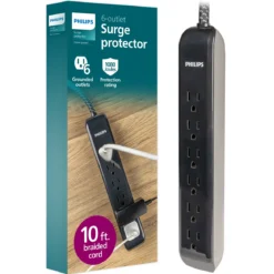 Philips 6-Outlet Surge Protector, 1080J, 10ft Braided Cord, Black