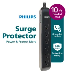 Philips 6-Outlet Surge Protector, 1080J, 10ft Braided Cord, Black