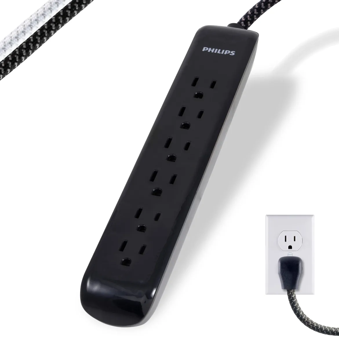 Philips 6-Outlet Surge Protector, 1080J, 10ft Braided Cord, Black