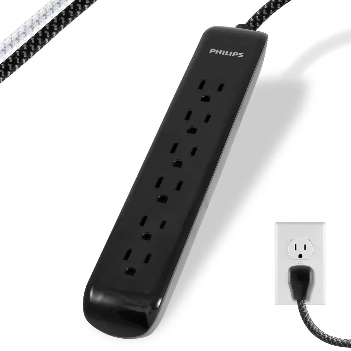 Philips 6 Outlet Surge Protector Power Strip, 4 Ft, Black