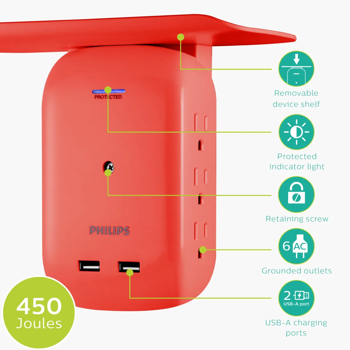 Philips 6-Outlet Tap with Device Shelf, 450J, 2USB (2.4A), Coral, 2pk