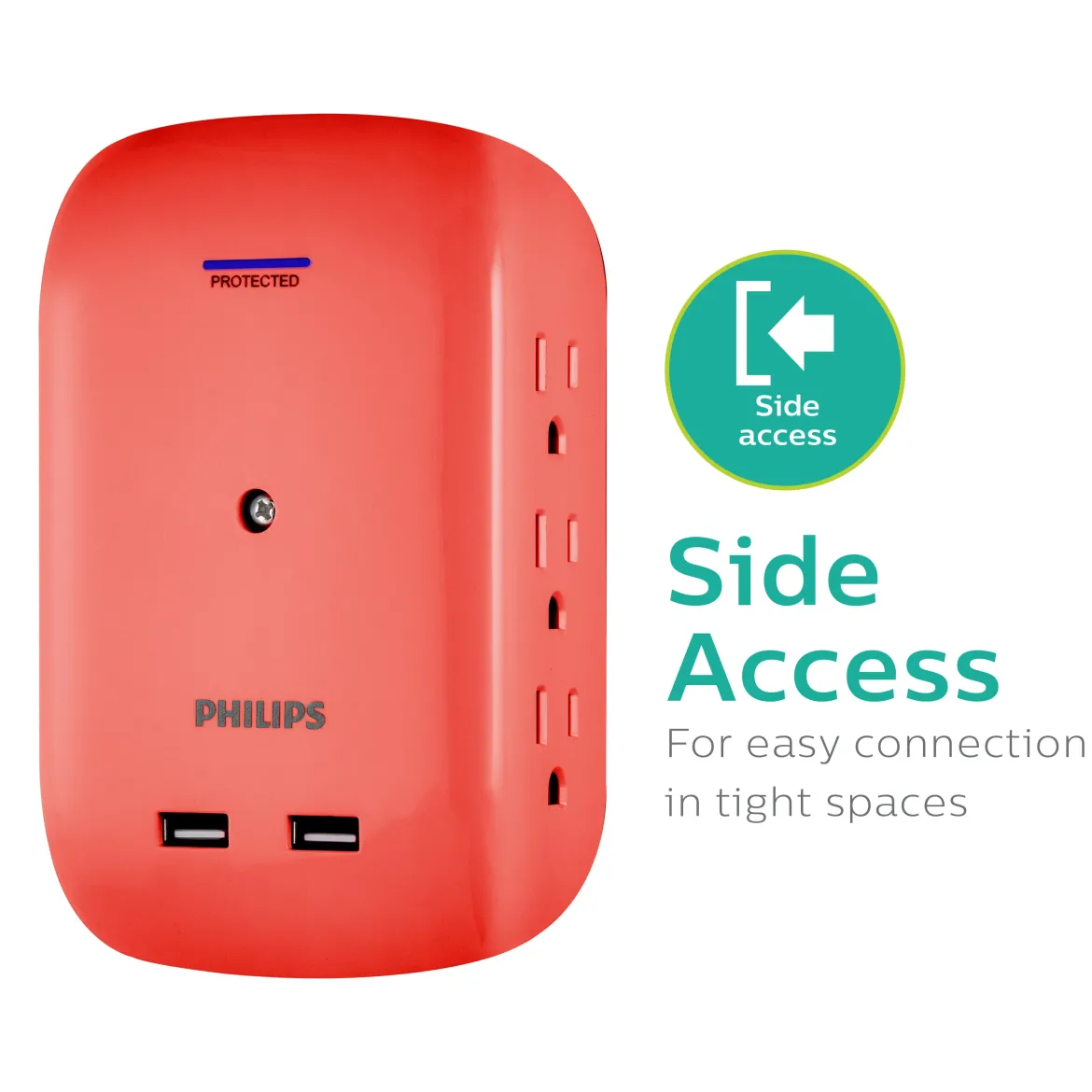 Philips 6-Outlet Tap with Device Shelf, 450J, 2USB (2.4A), Coral, 2pk