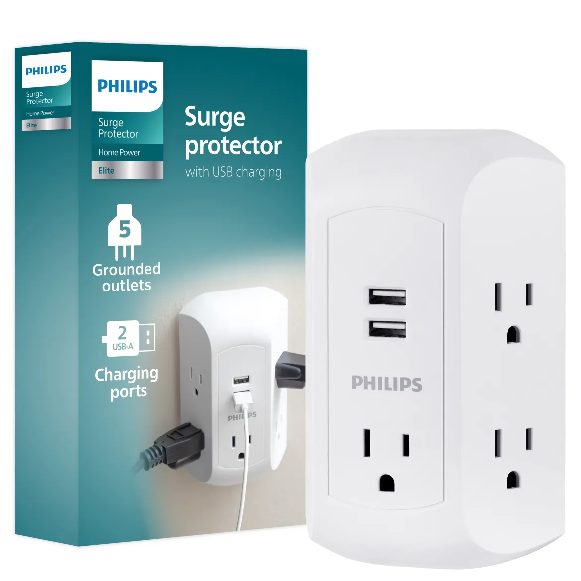Philips 5-Outlet USB-A Charging Surge Protector