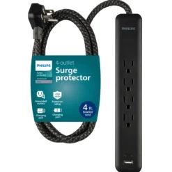 Philips 4-Outlet, 1-USB-C, 1-USB-A Surge Protector, 15W, 450J, 4ft Braided Cord, black