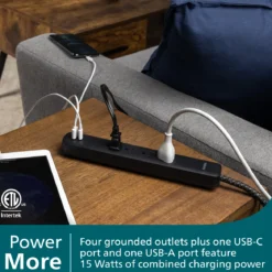Philips 4-Outlet, 1-USB-C, 1-USB-A Surge Protector, 15W, 450J, 4ft Braided Cord, black