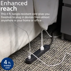 Philips 4-Outlet, 1-USB-C, 1-USB-A Surge Protector, 15W, 450J, 4ft Braided Cord, black