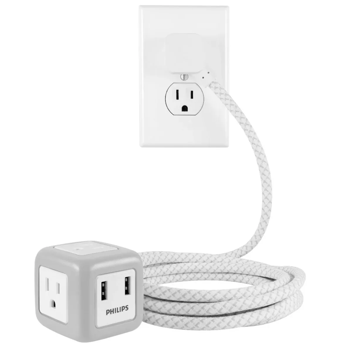 Philips 3-Outlet 2-USB 10ft. Extension Cord with Rubberized Cube, Gray/White