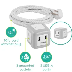 Philips 3-Outlet 2-USB 10ft. Extension Cord with Rubberized Cube, Gray/White