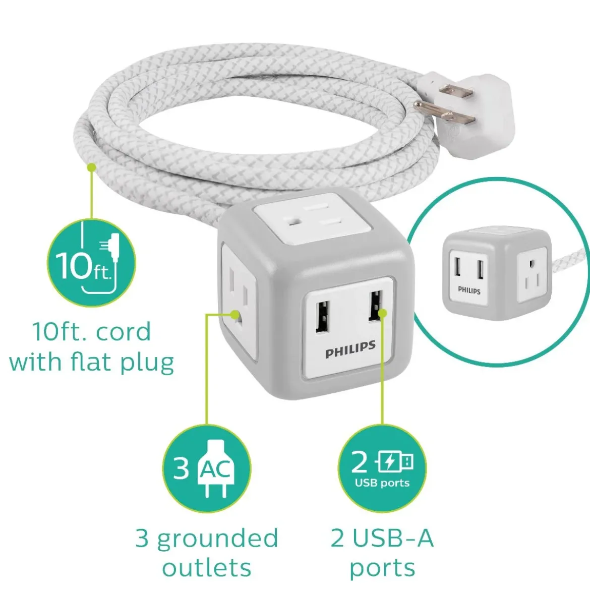 Philips 3-Outlet 2-USB 10ft. Extension Cord with Rubberized Cube, Gray/White