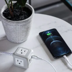 Philips 3-Outlet 2-USB 10ft. Extension Cord with Rubberized Cube, Gray/White