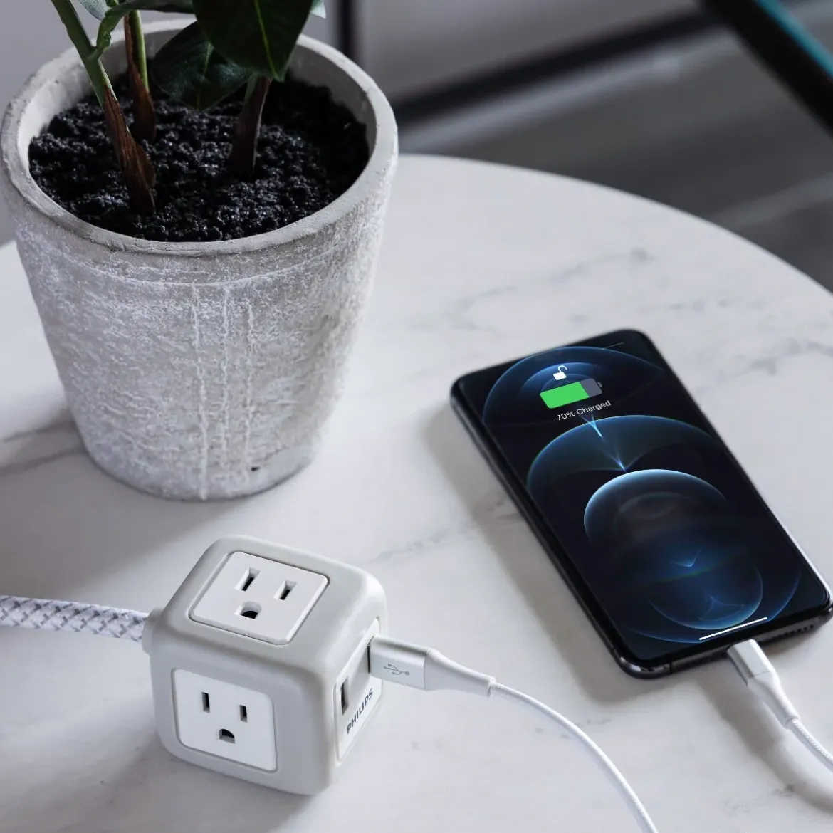 Philips 3-Outlet 2-USB 10ft. Extension Cord with Rubberized Cube, Gray/White