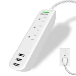 Philips 3-Outlet 3-USB 6ft. Surge Protector with Braided Cord, White
