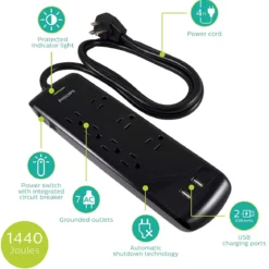 Philips 7-Outlet 2-USB 4ft. Surge Protector, Black