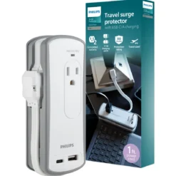 Philips 2-Outlet 2-USB Travel Charging Station with Surge Protection, White/Gray