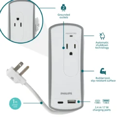 Philips 2-Outlet 2-USB Travel Charging Station with Surge Protection, White/Gray