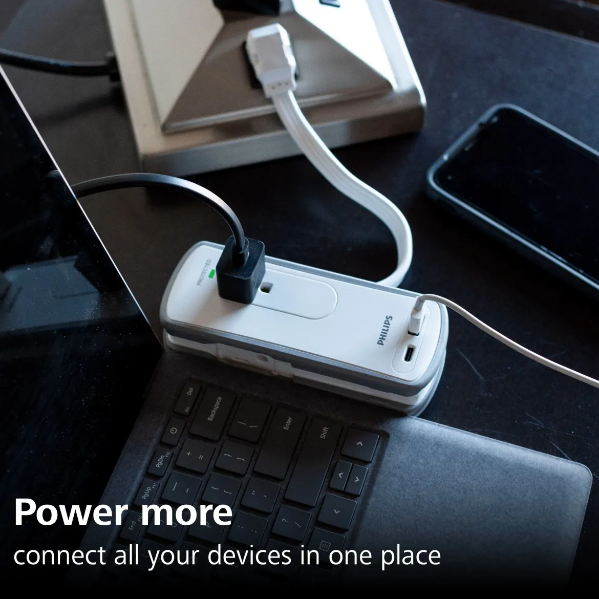 Philips 2-Outlet 2-USB Travel Charging Station with Surge Protection, White/Gray
