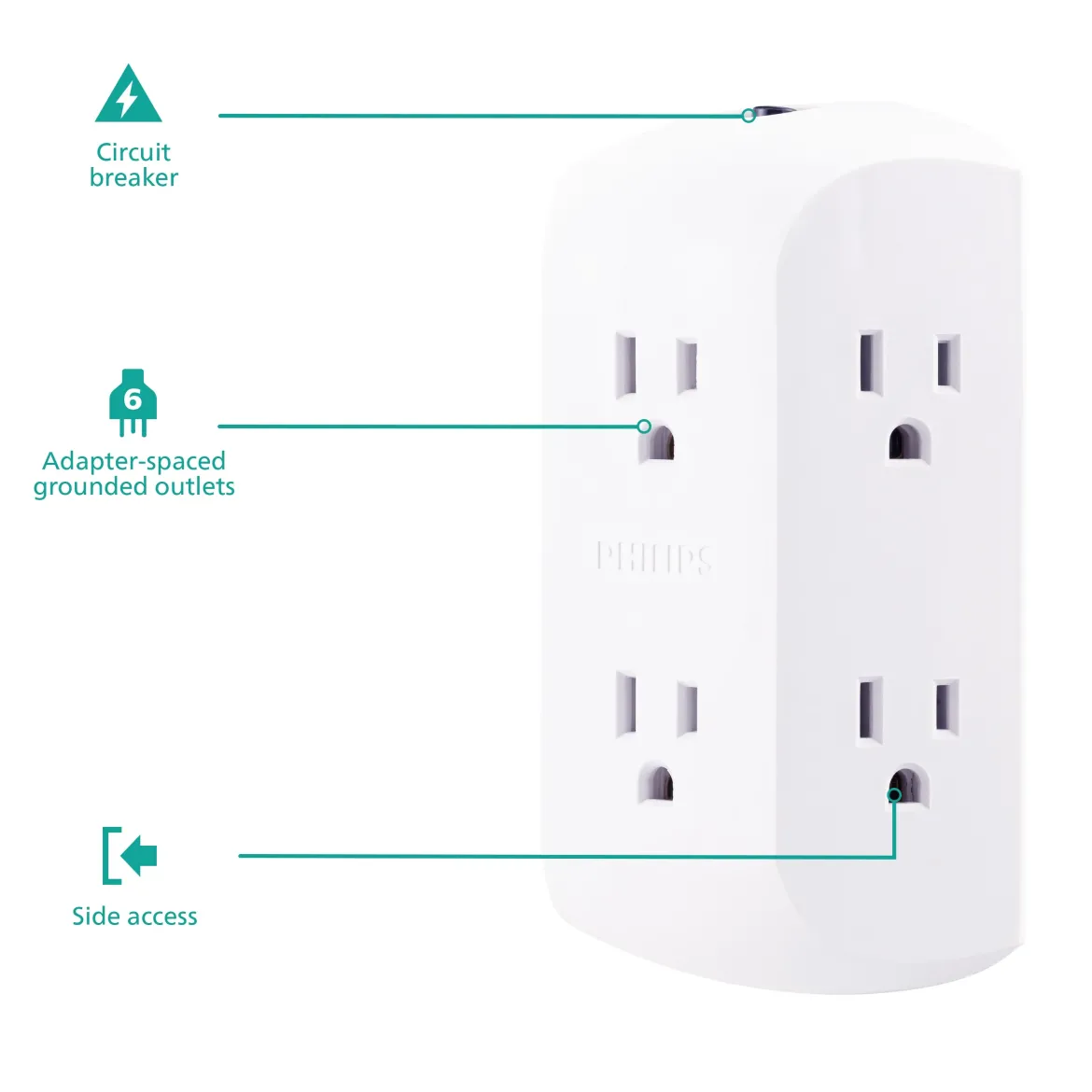 Philips 6-Outlet Wall Tap with Resettable Circuit Breaker, White