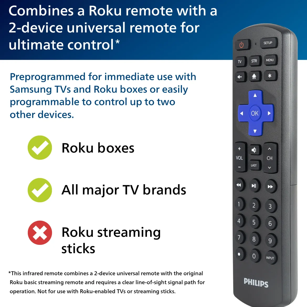 Philips Roku Replacement 2-Device Universal Remote, Black