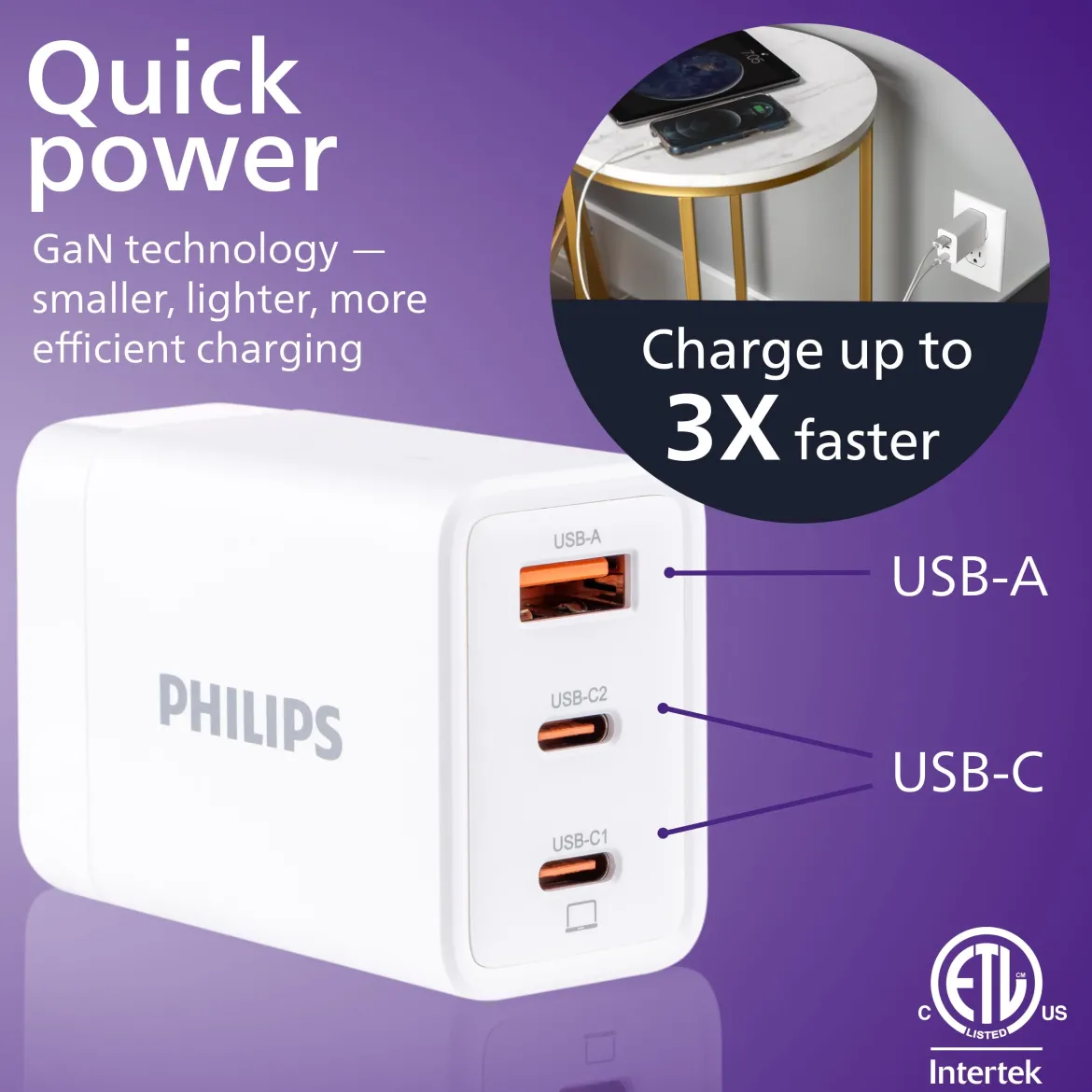 Philips 1 USB and 2 USB-C Wall Charger with Power Delivery, White