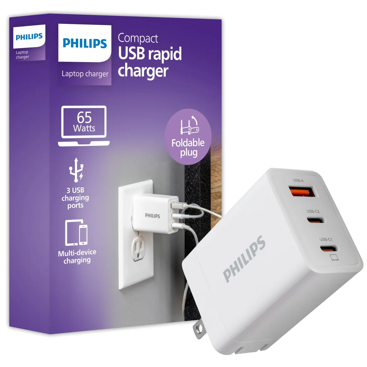 Philips 1 USB and 2 USB-C Wall Charger with Power Delivery, White