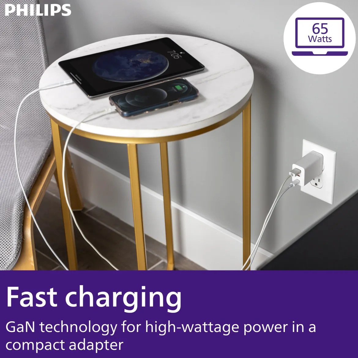 Philips 1 USB and 2 USB-C Wall Charger with Power Delivery, White