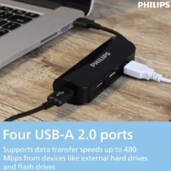 Philips USB-A 4-Port Travel Hub, Black