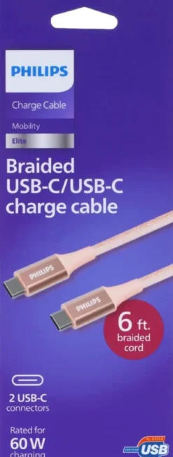 Philips USB-A to USB-C, 6ft., Rose Gold Braided Cord