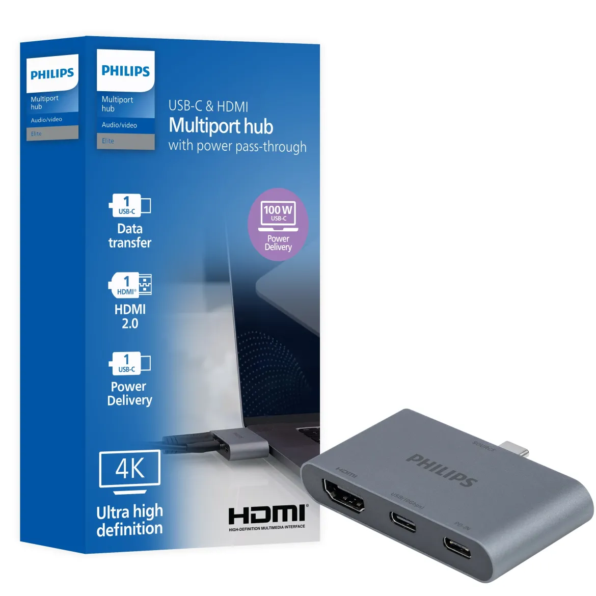Philips USB-C and HDMI Multiport Hub With Power Pass-Through, Silver